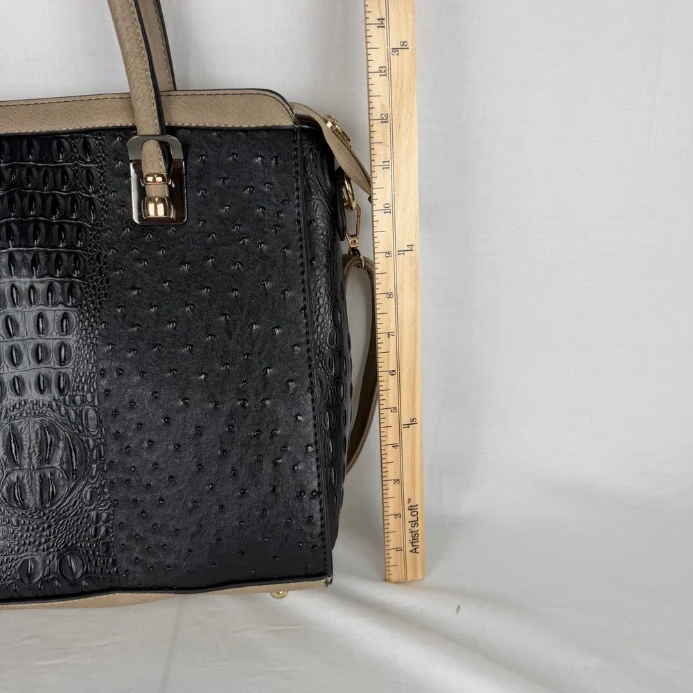 Black Ostrich Croc Embossed Satchel Handbag Tan Trim Crossbody Bag